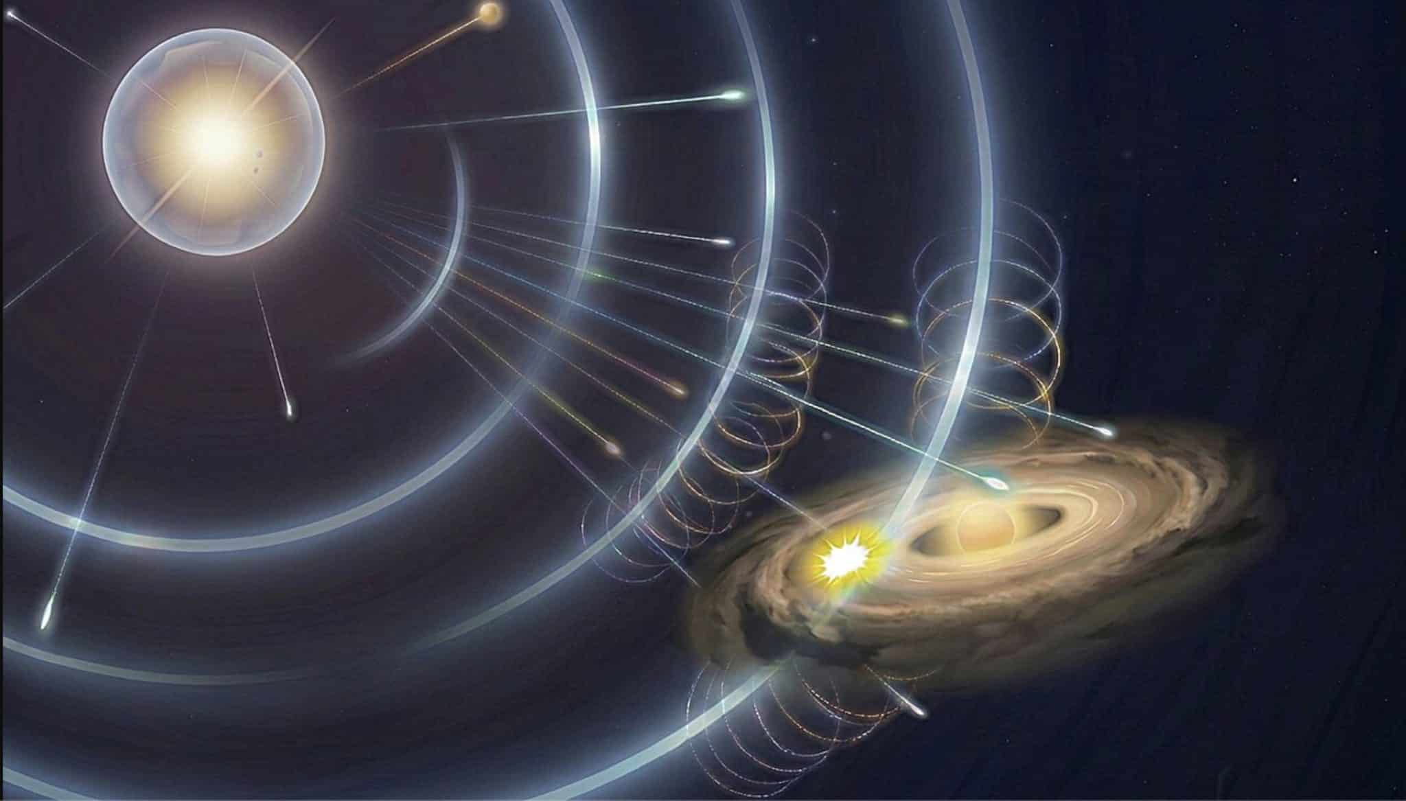 Молодая Солнечная система в представлении художника, облученная высокоэнергетическими частицами, исходящими от вспышки ближайшей сверхновой. Процесс естественным образом объясняет происхождение радиоактивных элементов, способствующих формированию каменистых планет. / © R. Sawada