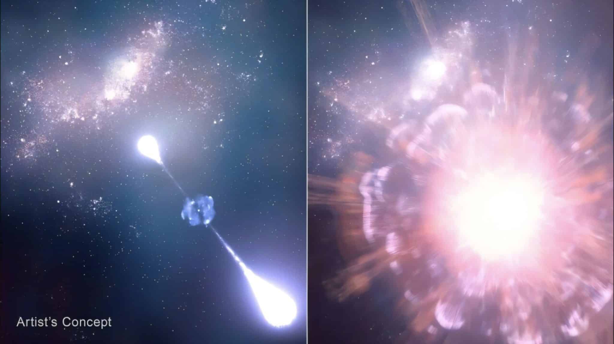 Древний гамма-всплеск (слева), произошедший всего через 730 миллионов лет после Большого взрыва в представлении художника. На изображении справа показана сверхновая, ответственная за гамма-всплеск.  / © NASA, ESA, CSA, STScI, Leah Hustak (STScI)