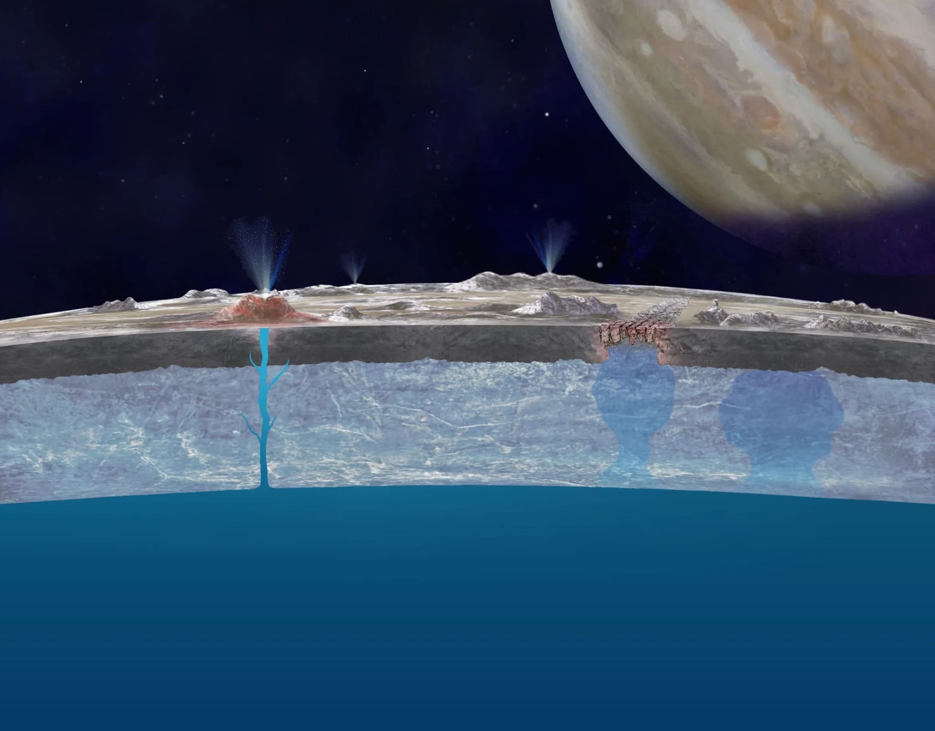 Выбросы водяного пара из подледного океана на спутнике Юпитера Европе в представлении художника / © NASA/JPL-Caltech