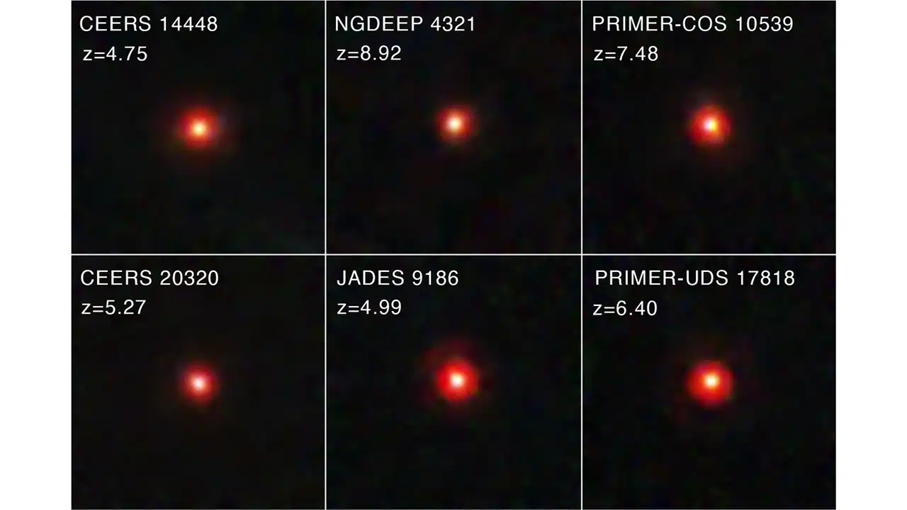 Шесть галактик с маленькими красными точками / © NASA, ESA, CSA, Dale Cochevsky (Colby College)