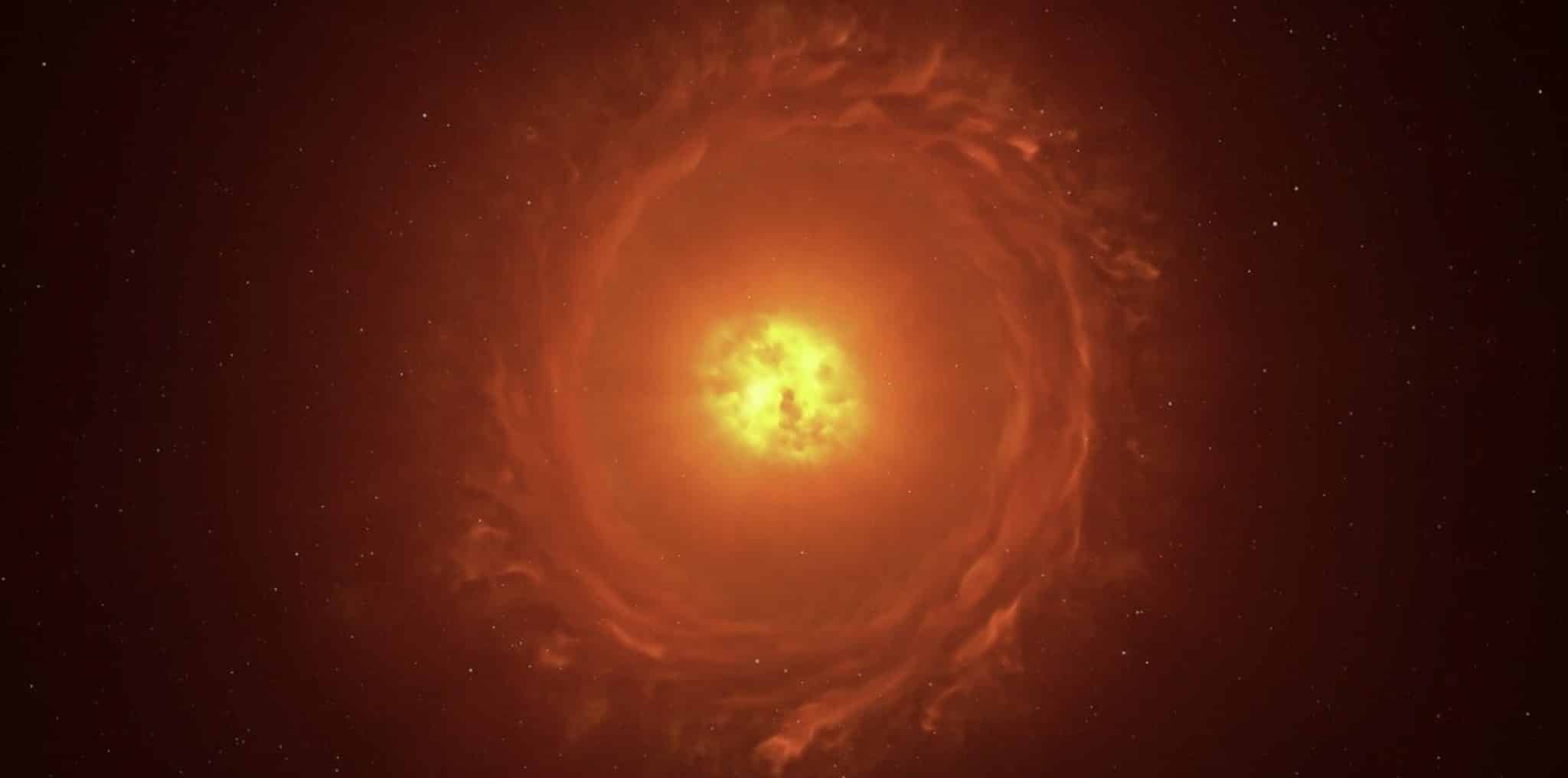 Художественная реконструкция красного сверхгиганта WOH G64 в Большом Магеллановом Облаке. В центре — сама звезда, а вокруг нее плотное облако из газа и пыли, выброшенных мощными звездными ветрами. / © ESO / L. Calçada, CC BY