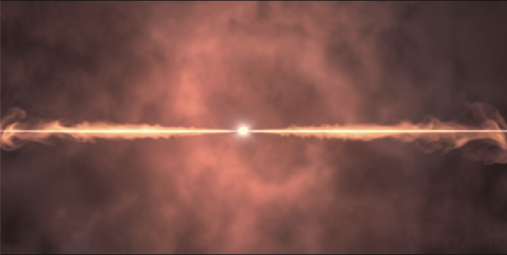 Космический объект в представлении художника: в центре — яркая точка, от которой в обе стороны тянется тонкий светящийся луч или джет. Вокруг виден диск из газа и пыли, окрашенный в оранжево-красные тона, что создает впечатление аккреционного диска вокруг черной дыры. / ©  NASA's Goddard Space Flight Center Conceptual Image Lab