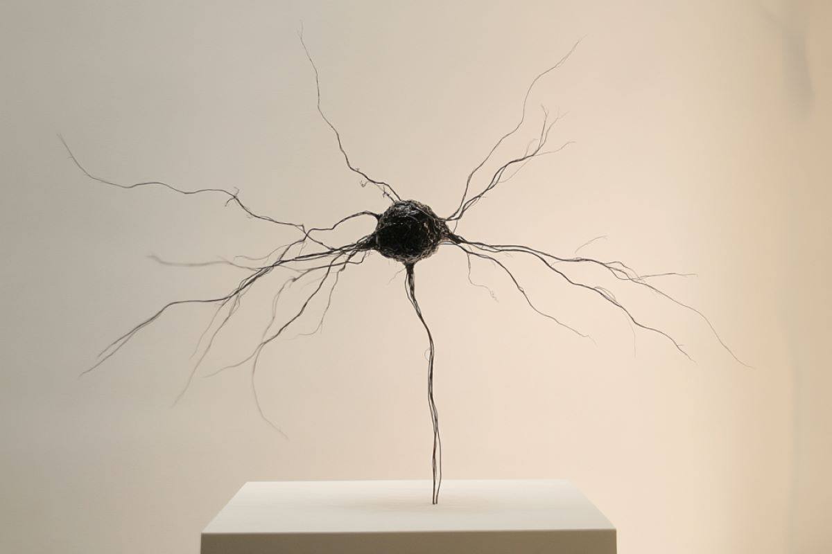 Модель нейрона в представлении художника: темное тело клетки с расходящимися в разные стороны тонкими ветвящимися отростками, установленное на светлой подставке. / ©  Anthony Ramos / Neuroscience News