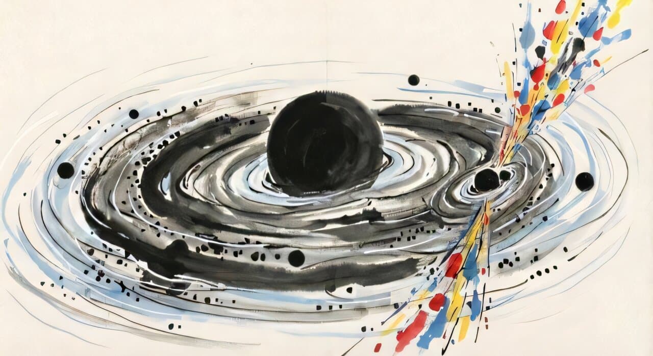 Artistic illustration of two black holes merging in an accretion disk and launching a jet.