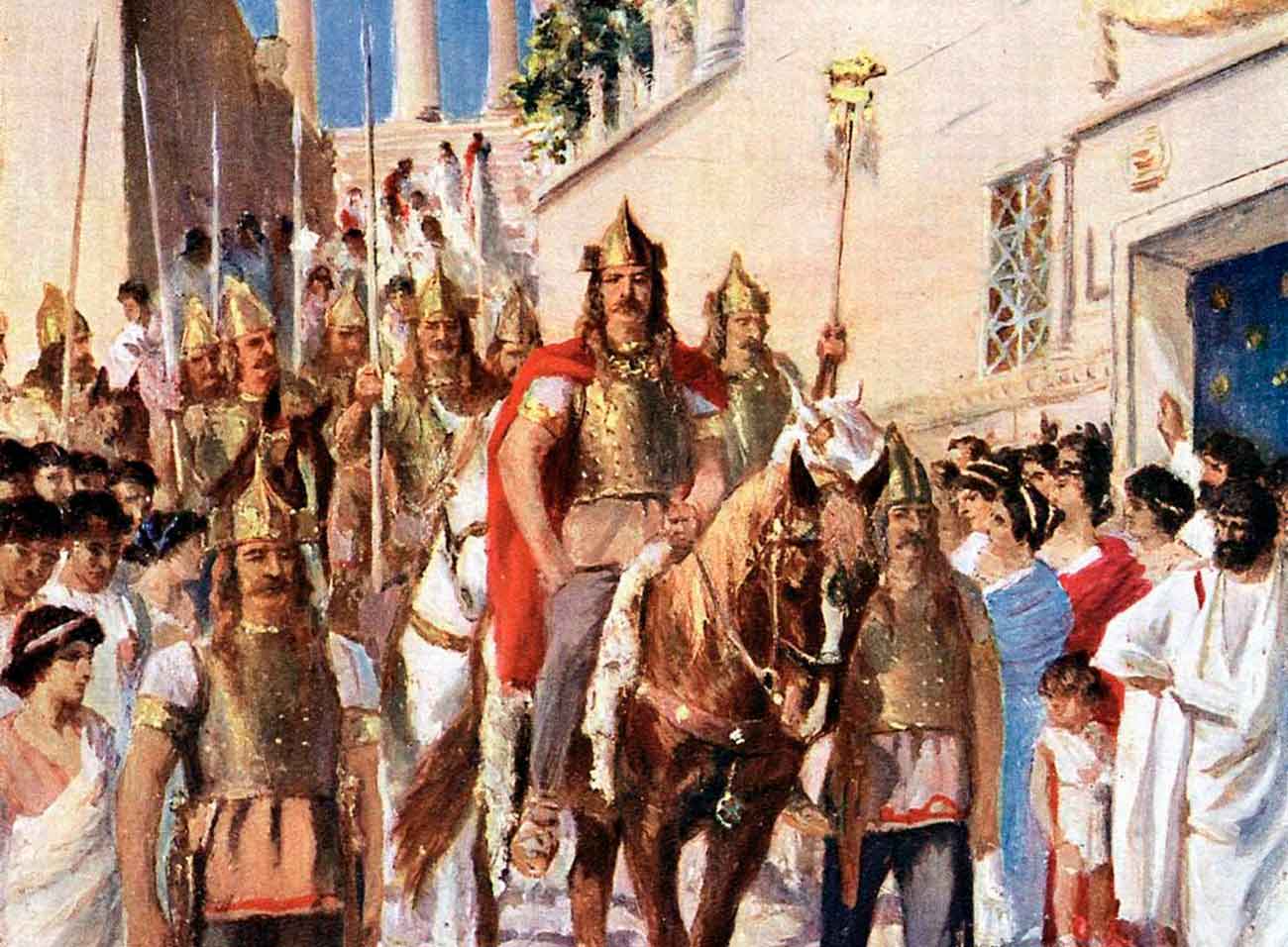 Аларих — вождь и первый король вестготов, въезжающий в Афины в 395 году. Иллюстрация, 1920 год / © Wikimedia, Jan van der Crabben