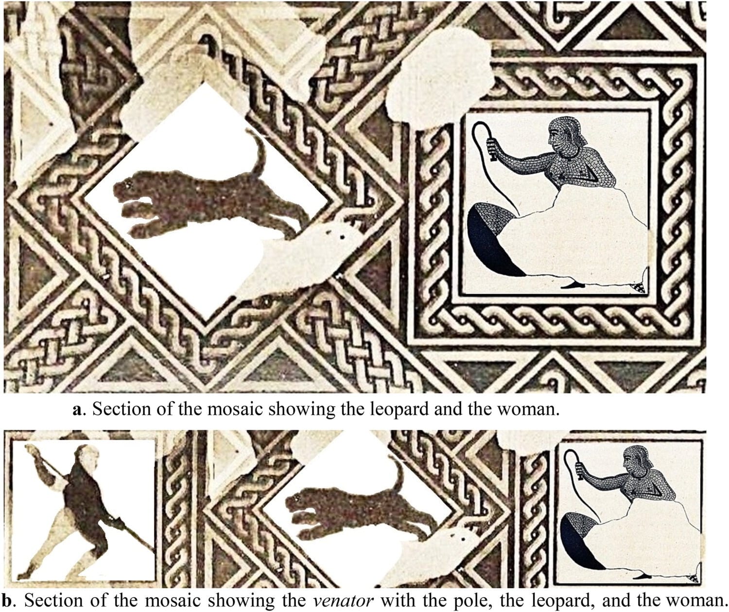 (a) Фрагмент мозаики с изображением леопарда и женщины. (b) Фрагмент мозаики с изображением венатора с шестом, леопарда и женщины / © The International Journal of the History of Sport