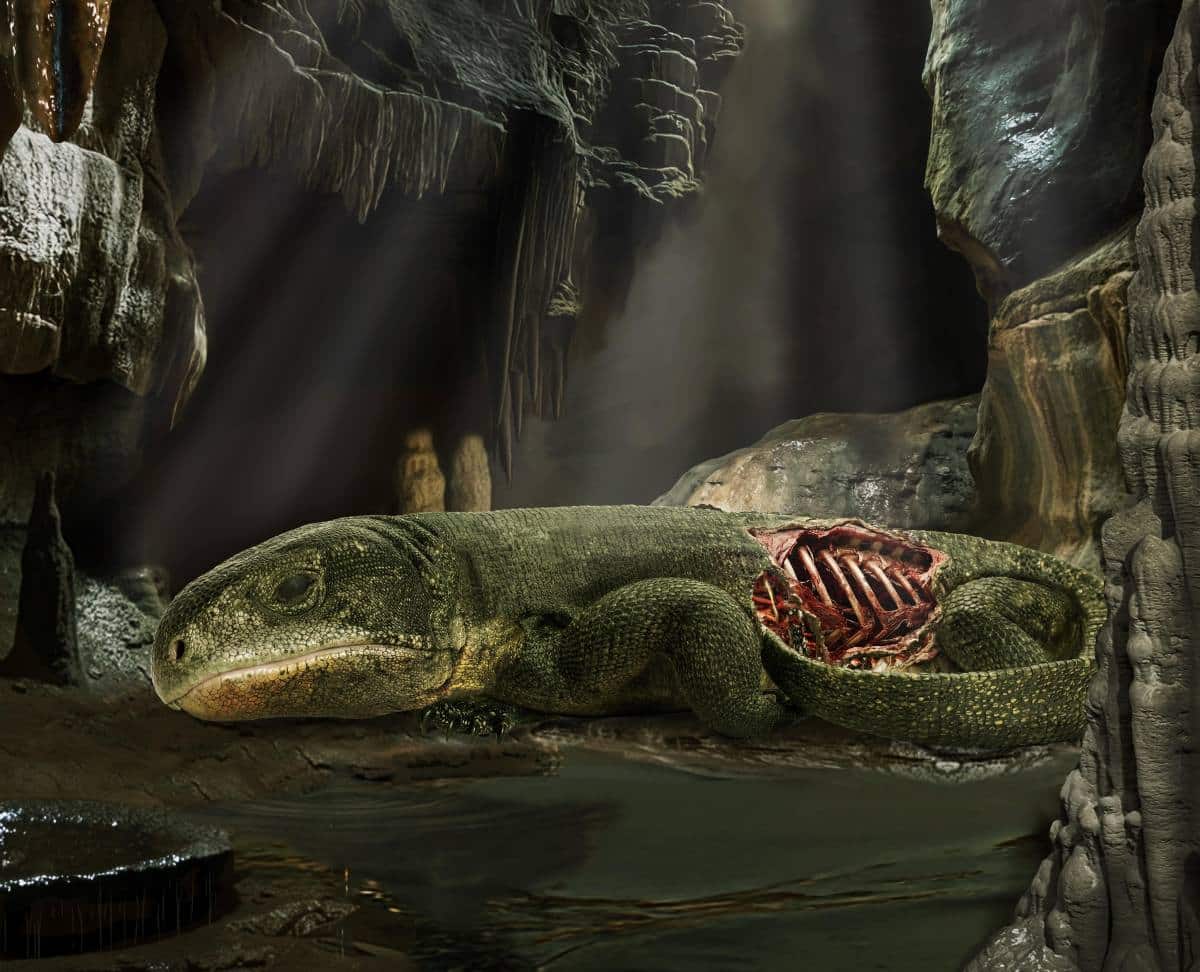 Остатки Captorhinus в пещере, реконструкция / © Michael DeBraga / Nature