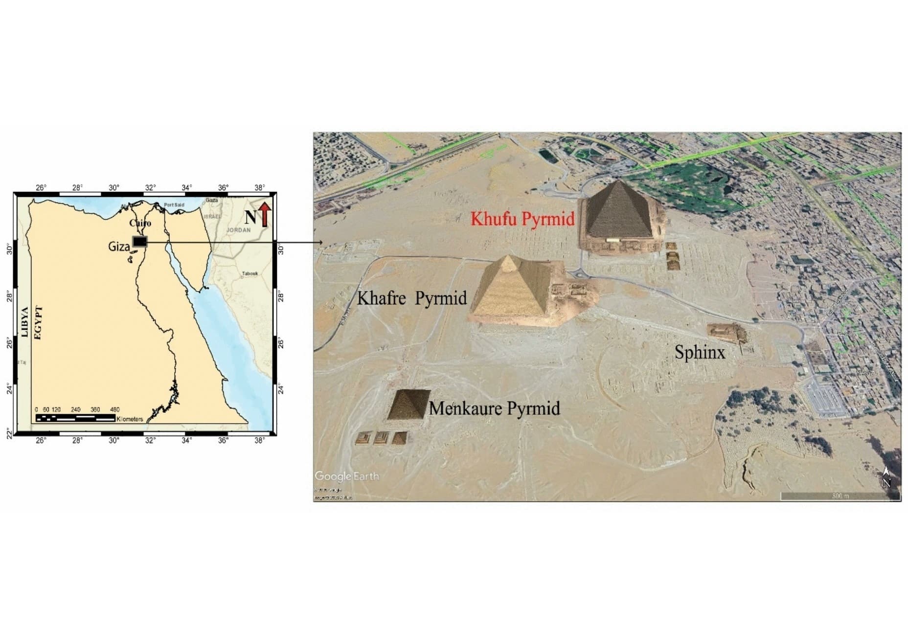 Карта местоположения пирамиды Хуфу / © Google Earth, Scientific Reports